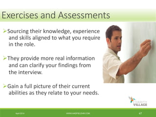 April 2014 WWW.HADFIELDHR.COM 47
Sourcing their knowledge, experience
and skills aligned to what you require
in the role.
They provide more real information
and can clarify your findings from
the interview.
Gain a full picture of their current
abilities as they relate to your needs.
Exercises and Assessments
 