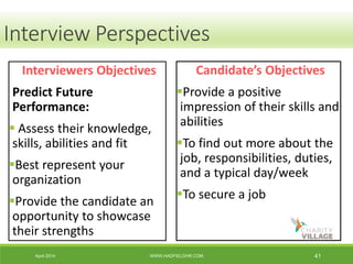 April 2014 WWW.HADFIELDHR.COM 41
Interview Perspectives
Interviewers Objectives
Predict Future
Performance:
 Assess their knowledge,
skills, abilities and fit
Best represent your
organization
Provide the candidate an
opportunity to showcase
their strengths
Candidate’s Objectives
Provide a positive
impression of their skills and
abilities
To find out more about the
job, responsibilities, duties,
and a typical day/week
To secure a job
 