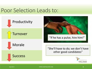 April 2014 WWW.HADFIELDHR.COM 6
Productivity
Turnover
Morale
Success
Poor Selection Leads to:
“She’ll have to do; we don’t have
other good candidates”
“If he has a pulse, hire him!”
 