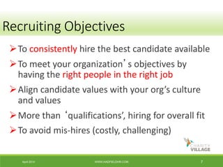 April 2014 WWW.HADFIELDHR.COM 7
To consistently hire the best candidate available
To meet your organization’s objectives by
having the right people in the right job
Align candidate values with your org’s culture
and values
More than ‘qualifications’, hiring for overall fit
To avoid mis-hires (costly, challenging)
Recruiting Objectives
 