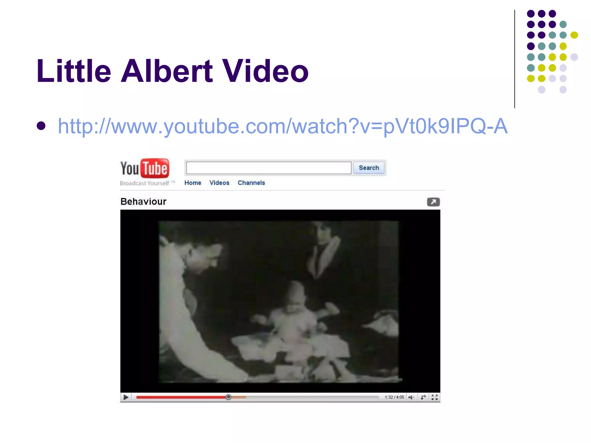 Little Albert Video http://www.youtube.com/watch?v=pVt0k9IPQ-A 