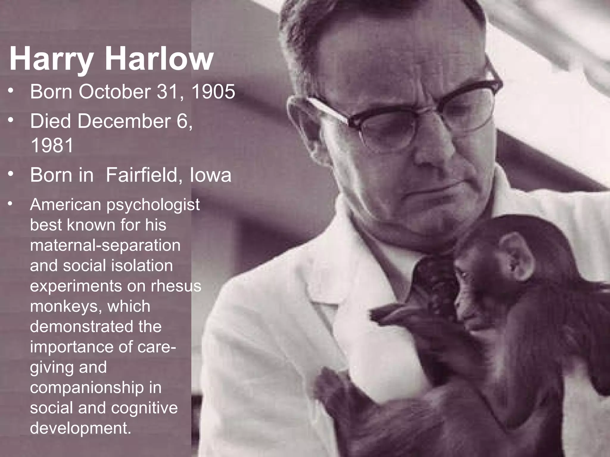 Harry Harlow Born  October 31, 1905 Died December 6, 1981 Born in  Fairfield, Iowa American psychologist best known for his maternal-separation and social isolation experiments on rhesus monkeys, which demonstrated the importance of care-giving and companionship in social and cognitive development. 