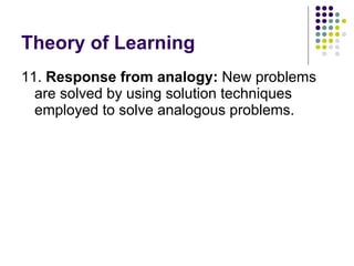 Theory of Learning 11.  Response from analogy:  New problems are solved by using solution techniques employed to solve analogous problems.  