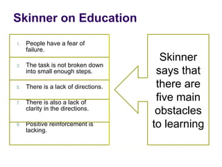 People have a fear of failure.  The task is not broken down into small enough steps.  There is a lack of directions.  There is also a lack of clarity in the directions.  Positive reinforcement is lacking.  Give the learner immediate feedback.  Break down the task into small steps. Repeat the directions as many times as possible.  Work from the most simple to the most complex tasks. Give positive reinforcement.  Skinner on Education  Skinner says that there are five main obstacles to learning 