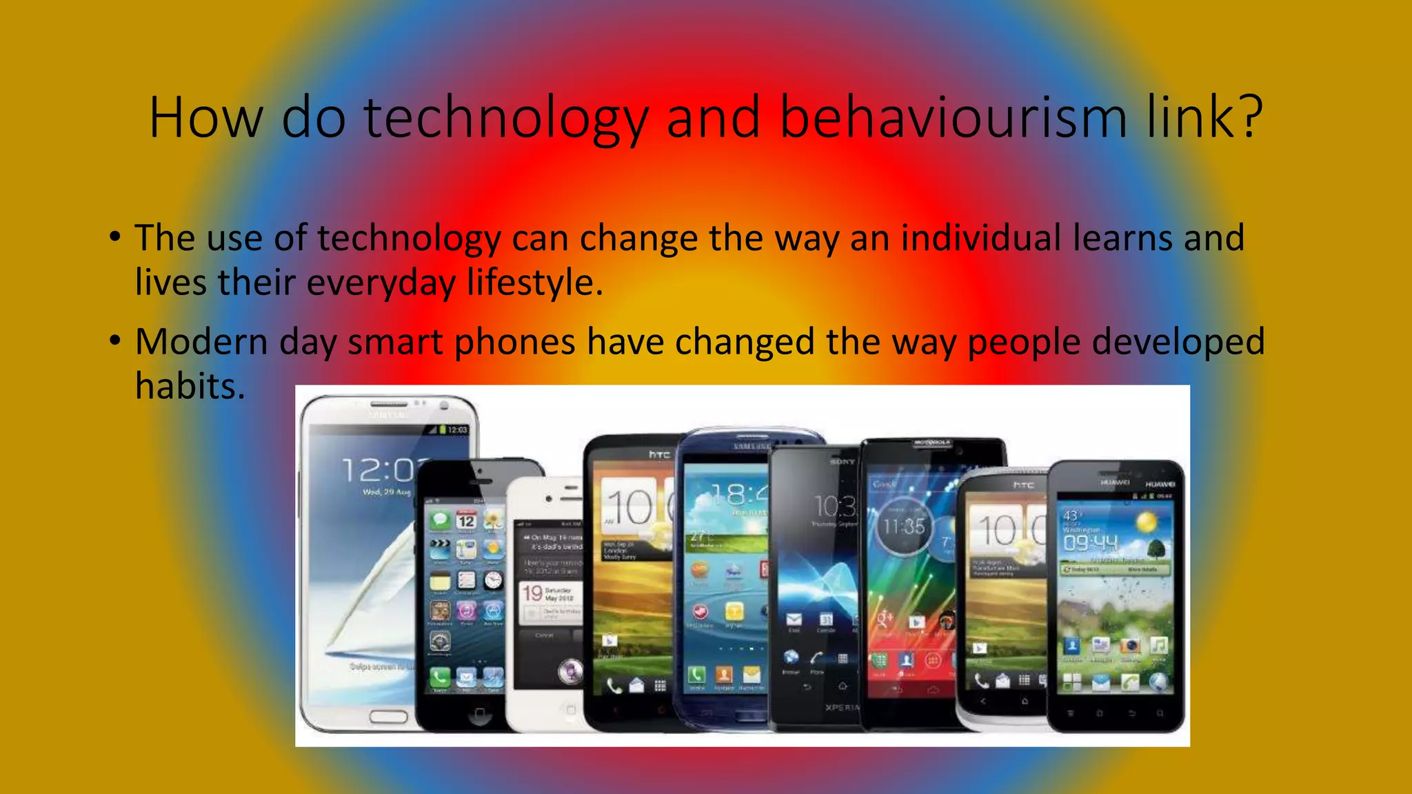 How do technology and behaviourism link?
• The use of technology can change the way an individual learns and
lives their everyday lifestyle.
• Modern day smart phones have changed the way people developed
habits.
 