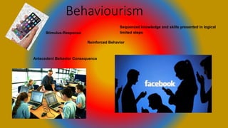Behaviourism
Stimulus-Response
Reinforced Behavior
Antecedent Behavior Consequence
Sequenced knowledge and skills presented in logical
limited steps
 