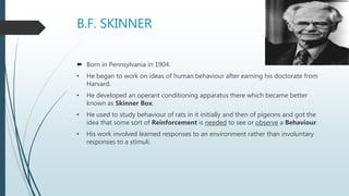 B.F. SKINNER
 Born in Pennsylvania in 1904.
• He began to work on ideas of human behaviour after earning his doctorate from
Harvard.
• He developed an operant conditioning apparatus there which became better
known as Skinner Box.
• He used to study behaviour of rats in it initially and then of pigeons and got the
idea that some sort of Reinforcement is needed to see or observe a Behaviour.
• His work involved learned responses to an environment rather than involuntary
responses to a stimuli.
 