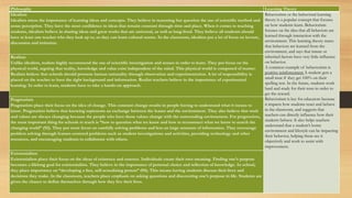 Philosophy Learning Theory
Idealism
Idealists stress the importance of learning ideas and concepts. They believe in reasoning but question the use of scientific method and
sense perception. They have the most confidence in ideas that remain constant through time and place. When it comes to teaching
students, idealists believe in sharing ideas and great works that are universal, as well as long-lived. They believe all students should
have at least one teacher who they look up to, so they can learn cultural norms. In the classroom, idealists put a lot of focus on lecture,
discussion and imitation.
Behaviorism or the behavioral learning
theory is a popular concept that focuses
on how students learn. Behaviorism
focuses on the idea that all behaviors are
learned through interaction with the
environment. This learning theory states
that behaviors are learned from the
environment, and says that innate or
inherited factors have very little influence
on behavior.
A common example of behaviorism is
positive reinforcement A student gets a
small treat if they get 100% on their
spelling test. In the future, students work
hard and study for their tests in order to
get the reward.
Behaviorism is key for educators because
it impacts how students react and behave
in the classroom, and suggests that
teachers can directly influence how their
students behave. It also helps teachers
understand that a student’s home
environment and lifestyle can be impacting
their behavior, helping them see it
objectively and work to assist with
improvement.
Realism
Unlike idealists, realists highly recommend the use of scientific investigation and senses in order to learn. They put focus on the
physical world, arguing that reality, knowledge and value exist independent of the mind. This physical world is composed of matter.
Realists believe that schools should promote human rationality through observation and experimentation. A lot of responsibility is
placed on the teacher to have the right background and information. Realist teachers believe in the importance of experimental
learning. In order to learn, students have to take a hands-on approach.
Pragmatism
Pragmatists place their focus on the idea of change. This constant change results in people having to understand what it means to
know. Pragmatists believe that knowing represents an exchange between the leaner and the environment. They also believe that truth
and values are always changing because the people who have those values change with the surrounding environment. For pragmatists,
the most important thing for schools to teach is “how to question what we know and how to reconstruct what we know to match the
changing world” (92). They put more focus on carefully solving problems and less on large amounts of information. They encourage
problem solving through learner-centered problems such as student investigations and activities, providing technology and other
resources, and encouraging students to collaborate with others.
Existentialism
Existentialists place their focus on the ideas of existence and essence. Individuals create their own meaning. Finding one’s purpose
becomes a lifelong goal for existentialists. They believe in the importance of personal choice and reflection of knowledge. In school,
they place importance on “developing a free, self-actualizing person” (94). This means having students discuss their lives and
decisions they make. In the classroom, teachers place emphasis on asking questions and discovering one’s purpose in life. Students are
given the chance to define themselves through how they live their lives.
 