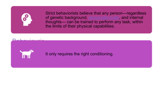 Strict behaviorists believe that any person—regardless
of genetic background, personality traits, and internal
thoughts— can be trained to perform any task, within
the limits of their physical capabilities.
It only requires the right conditioning.
 