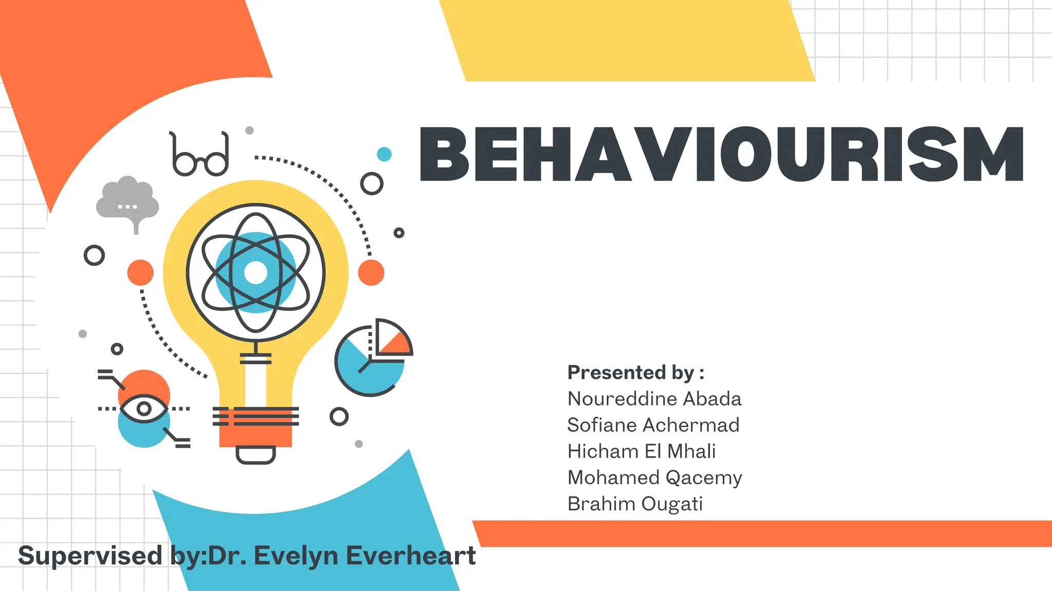 BEHAVIOURISM
Supervised by:Dr. Evelyn Everheart
Presented by :
Noureddine Abada
Sofiane Achermad
Hicham El Mhali
Mohamed Qacemy
Brahim Ougati
 