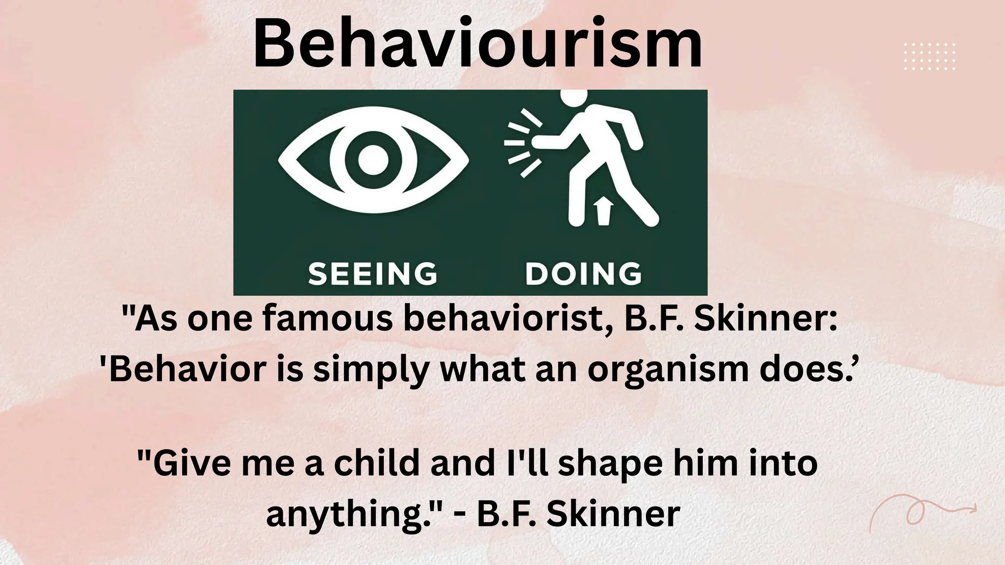 Behaviourism
"As one famous behaviorist, B.F. Skinner:
'Behavior is simply what an organism does.’
"Give me a child and I'll shape him into
anything." - B.F. Skinner
 