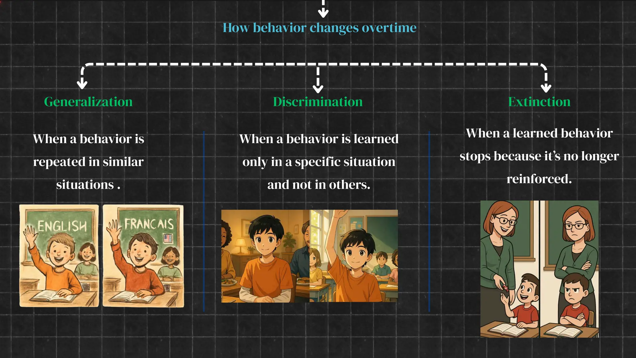How behavior changes overtime
Generalization Discrimination Extinction
When a behavior is
repeated in similar
situations .
When a behavior is learned
only in a specific situation
and not in others.
When a learned behavior
stops because it’s no longer
reinforced.
 
