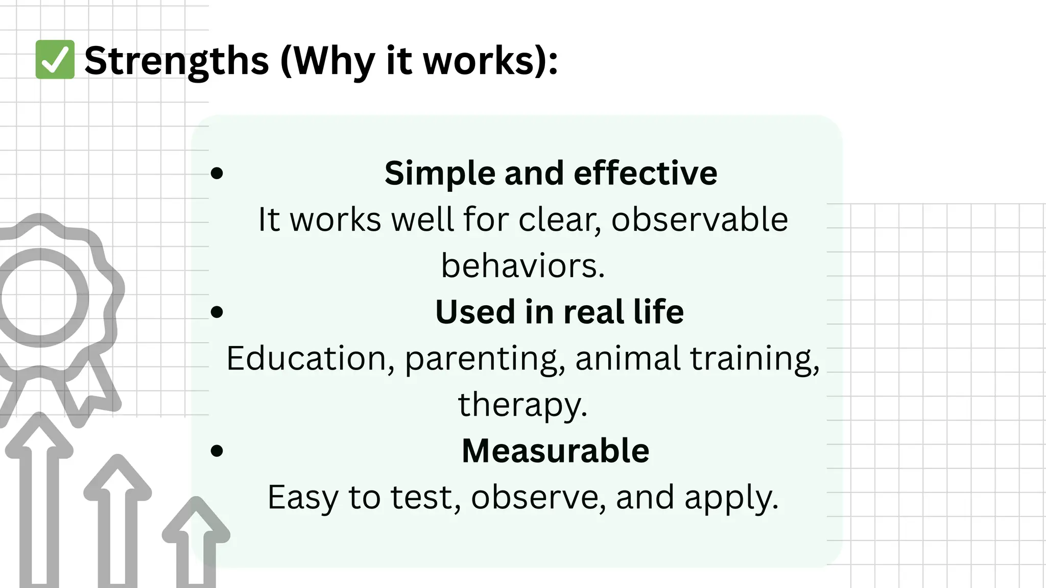 Simple and effective
It works well for clear, observable
behaviors.
Used in real life
Education, parenting, animal training,
therapy.
Measurable
Easy to test, observe, and apply.
✅Strengths (Why it works):
 