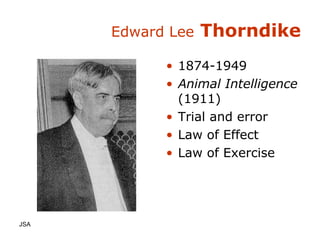 Edward Lee  Thorndike 1874-1949 Animal Intelligence  (1911) Trial and error Law of Effect Law of Exercise JSA  
