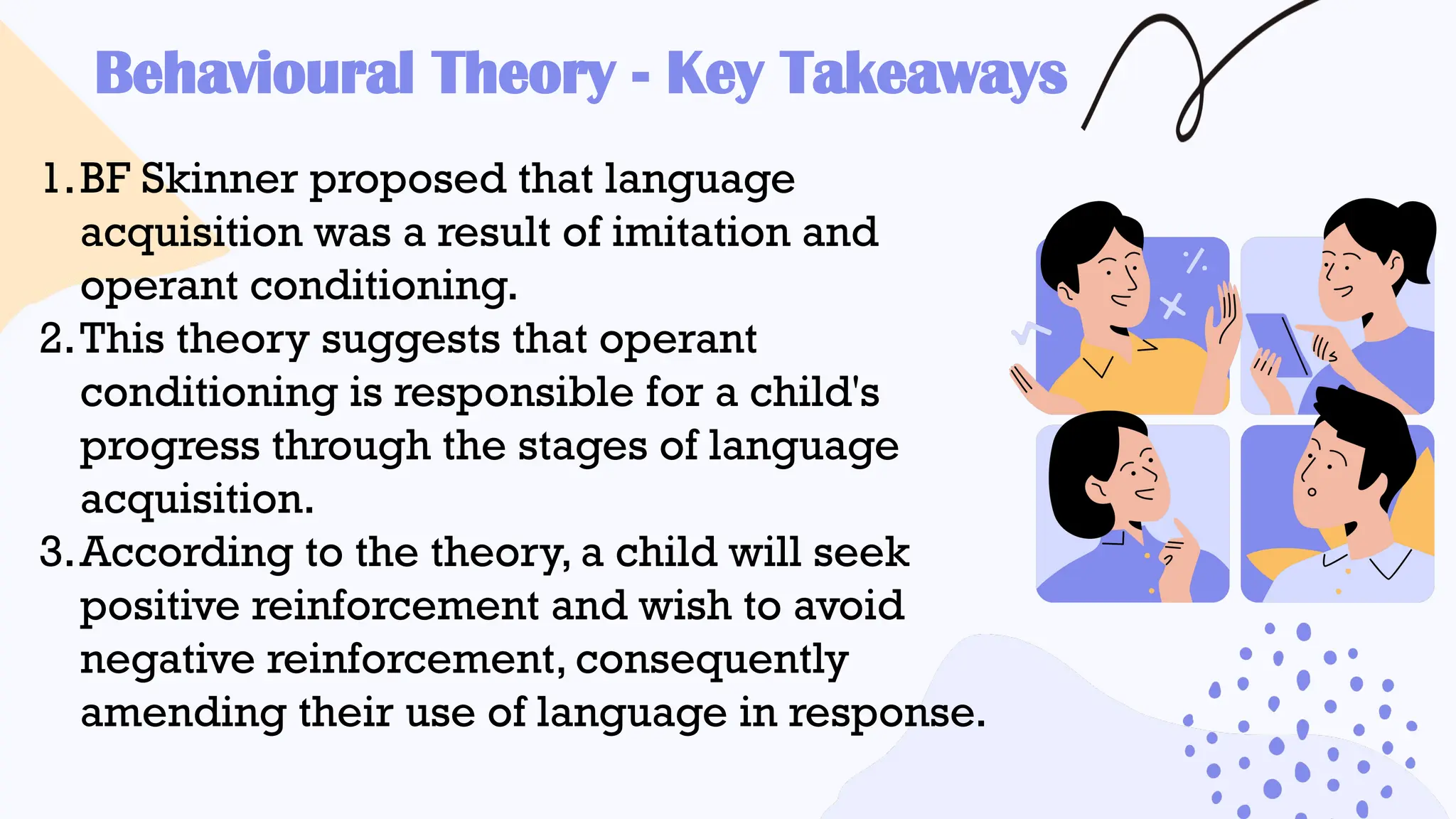 Behavioural Theory - Key Takeaways
1.BF Skinner proposed that language
acquisition was a result of imitation and
operant conditioning.
2.This theory suggests that operant
conditioning is responsible for a child's
progress through the stages of language
acquisition.
3.According to the theory, a child will seek
positive reinforcement and wish to avoid
negative reinforcement, consequently
amending their use of language in response.
 