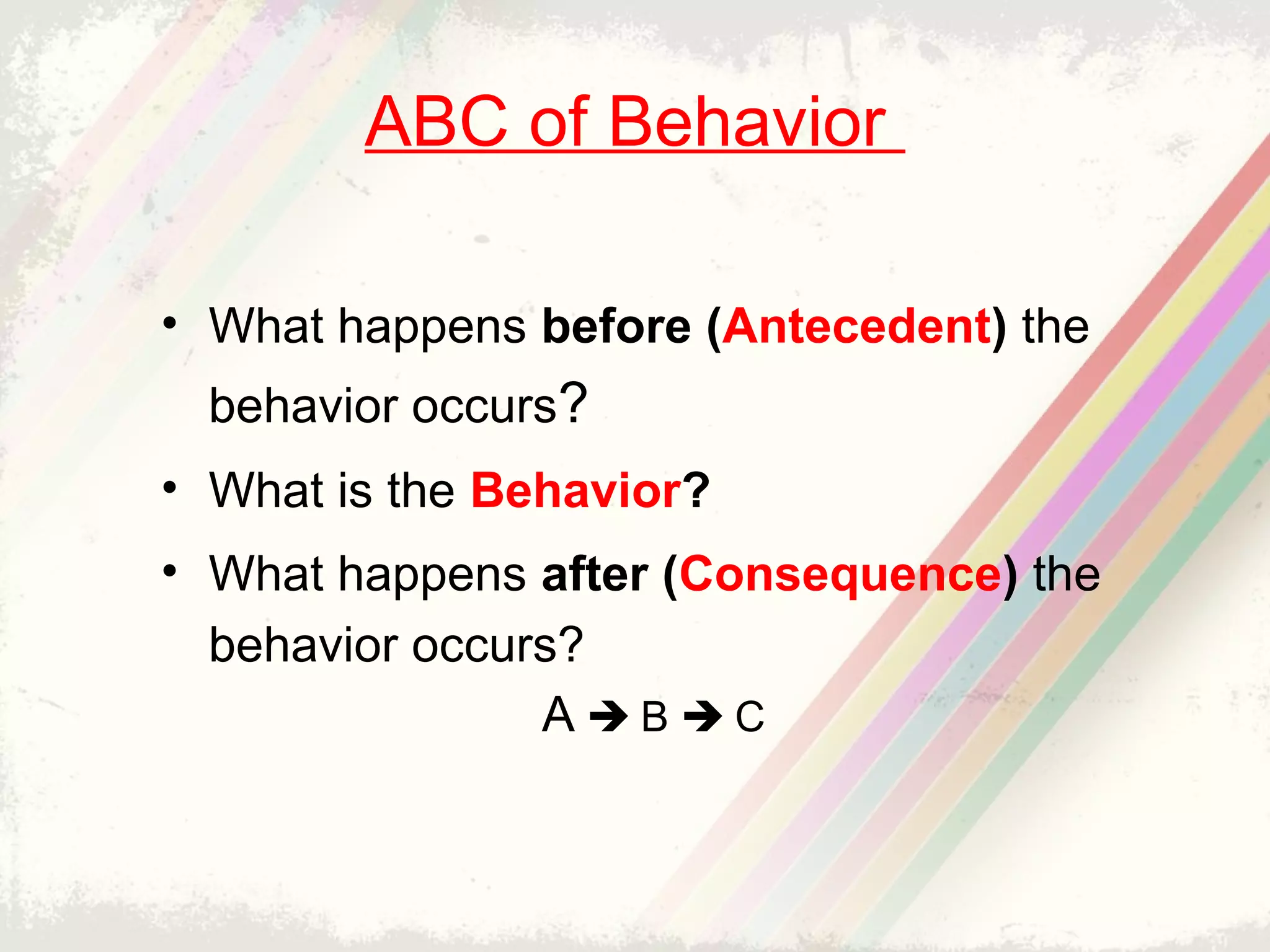 ABC of Behavior
• What happens before (Antecedent) the
behavior occurs?
• What is the Behavior?
• What happens after (Consequence) the
behavior occurs?
A  B  C
 