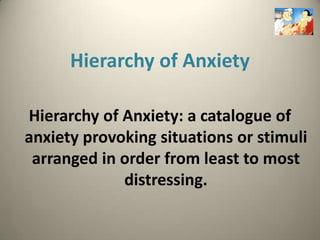 Hierarchy of Anxiety

Hierarchy of Anxiety: a catalogue of
anxiety provoking situations or stimuli
 arranged in order from least to most
             distressing.
 