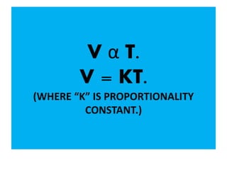 V α T.
V = KT.
(WHERE “K” IS PROPORTIONALITY
CONSTANT.)
 