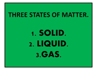THREE STATES OF MATTER.
1. SOLID.
2. LIQUID.
3.GAS.
 