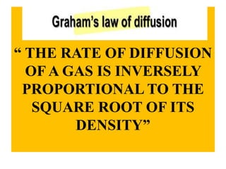 “ THE RATE OF DIFFUSION
OF A GAS IS INVERSELY
PROPORTIONAL TO THE
SQUARE ROOT OF ITS
DENSITY”
 