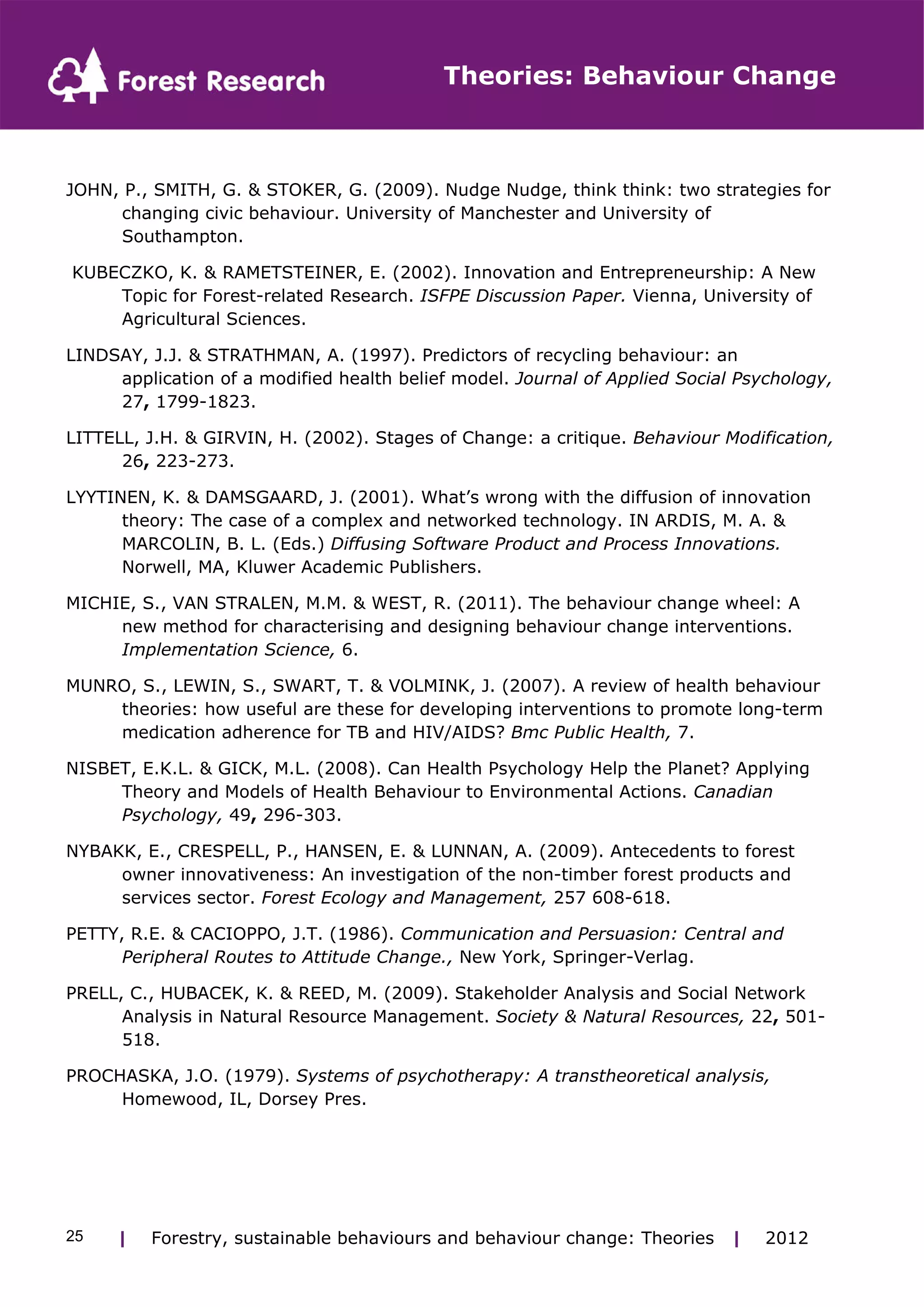 Theories: Behaviour Change 
JOHN, P., SMITH, G. & STOKER, G. (2009). Nudge Nudge, think think: two strategies for 
changing civic behaviour. University of Manchester and University of 
Southampton. 
KUBECZKO, K. & RAMETSTEINER, E. (2002). Innovation and Entrepreneurship: A New 
Topic for Forest-related Research. ISFPE Discussion Paper. Vienna, University of 
Agricultural Sciences. 
LINDSAY, J.J. & STRATHMAN, A. (1997). Predictors of recycling behaviour: an 
application of a modified health belief model. Journal of Applied Social Psychology, 
27, 1799-1823. 
LITTELL, J.H. & GIRVIN, H. (2002). Stages of Change: a critique. Behaviour Modification, 
26, 223-273. 
LYYTINEN, K. & DAMSGAARD, J. (2001). What’s wrong with the diffusion of innovation 
theory: The case of a complex and networked technology. IN ARDIS, M. A. & 
MARCOLIN, B. L. (Eds.) Diffusing Software Product and Process Innovations. 
Norwell, MA, Kluwer Academic Publishers. 
MICHIE, S., VAN STRALEN, M.M. & WEST, R. (2011). The behaviour change wheel: A 
new method for characterising and designing behaviour change interventions. 
Implementation Science, 6. 
MUNRO, S., LEWIN, S., SWART, T. & VOLMINK, J. (2007). A review of health behaviour 
theories: how useful are these for developing interventions to promote long-term 
medication adherence for TB and HIV/AIDS? Bmc Public Health, 7. 
NISBET, E.K.L. & GICK, M.L. (2008). Can Health Psychology Help the Planet? Applying 
Theory and Models of Health Behaviour to Environmental Actions. Canadian 
Psychology, 49, 296-303. 
NYBAKK, E., CRESPELL, P., HANSEN, E. & LUNNAN, A. (2009). Antecedents to forest 
owner innovativeness: An investigation of the non-timber forest products and 
services sector. Forest Ecology and Management, 257 608-618. 
PETTY, R.E. & CACIOPPO, J.T. (1986). Communication and Persuasion: Central and 
Peripheral Routes to Attitude Change., New York, Springer-Verlag. 
PRELL, C., HUBACEK, K. & REED, M. (2009). Stakeholder Analysis and Social Network 
Analysis in Natural Resource Management. Society & Natural Resources, 22, 501- 
518. 
PROCHASKA, J.O. (1979). Systems of psychotherapy: A transtheoretical analysis, 
Homewood, IL, Dorsey Pres. 
| Forestry, sustainable 25 behaviours and behaviour change: Theories | 2012 
 