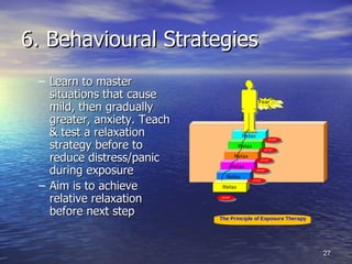 6. Behavioural Strategies Learn to master situations that cause mild, then gradually greater, anxiety. Teach & test a relaxation strategy before to reduce distress/panic during exposure Aim is to achieve relative relaxation before next step 