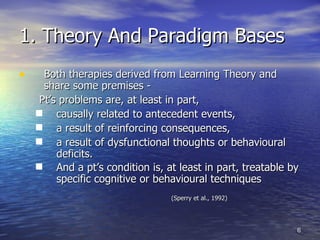 1. Theory And Paradigm Bases Both therapies derived from Learning Theory and share some premises - Pt’s problems are, at least in part,  causally related to antecedent events, a result of reinforcing consequences,  a result of dysfunctional thoughts or behavioural deficits. And a pt’s condition is, at least in part, treatable by specific cognitive or behavioural techniques  (Sperry et al., 1992) 
