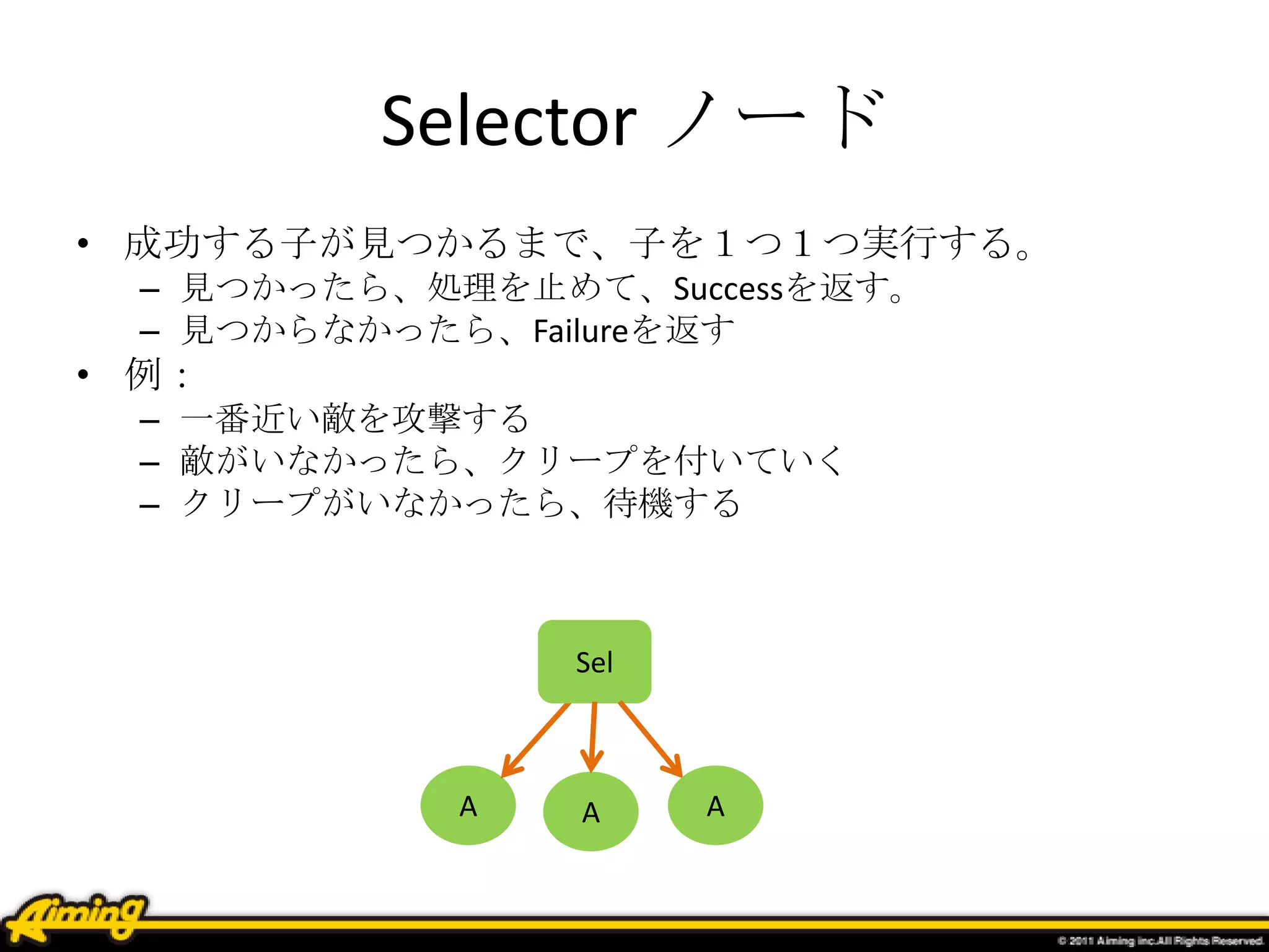 Selector ノード
• 成功する子が見つかるまで、子を１つ１つ実行する。
– 見つかったら、処理を止めて、Successを返す。
– 見つからなかったら、Failureを返す
• 例：
– 一番近い敵を攻撃する
– 敵がいなかったら、クリープを付いていく
– クリープがいなかったら、待機する
A
Sel
A A
 