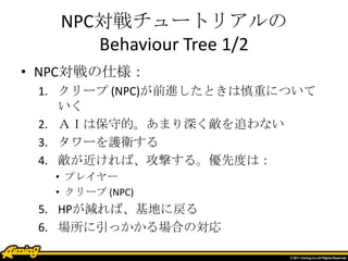 NPC対戦チュートリアルの
Behaviour Tree 1/2
• NPC対戦の仕様：
1. クリープ (NPC)が前進したときは慎重について
いく
2. ＡＩは保守的。あまり深く敵を追わない
3. タワーを護衛する
4. 敵が近ければ、攻撃する。優先度は：
• プレイヤー
• クリープ (NPC)
5. HPが減れば、基地に戻る
6. 場所に引っかかる場合の対応
 