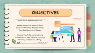 )
)
)
)
)
)
)
)
)
By the end of the session, you will:
•Review some of the research of the
behaviourist learning theorists: Pavlov,
Thorndike, Watson and Skinner.
•
•Consider how behaviourist learning
approaches are used currently in a range
of learning contexts and settings.
)
)
)
)
)
)
)
)
)
OBJECTIVES
 