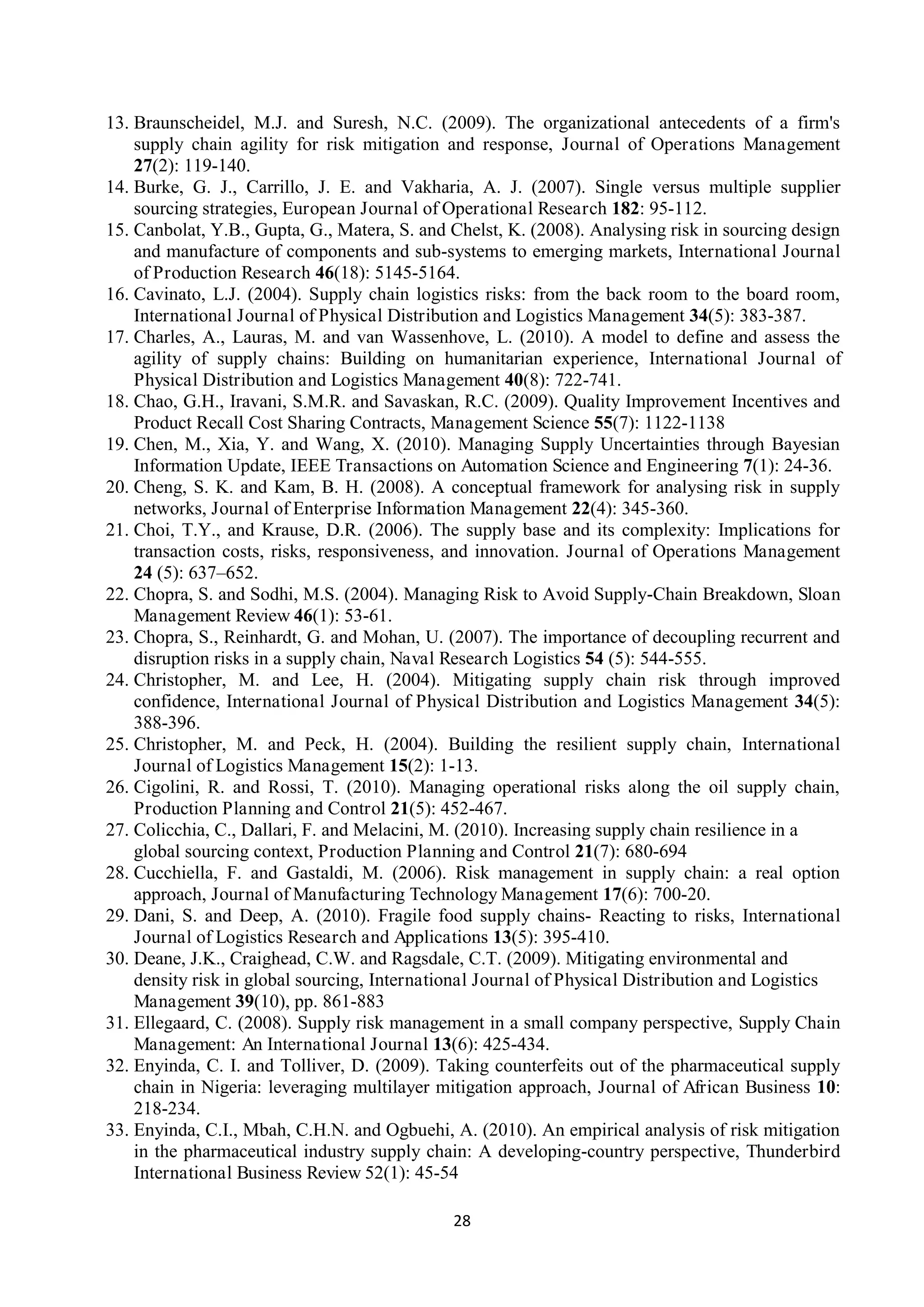 28
13. Braunscheidel, M.J. and Suresh, N.C. (2009). The organizational antecedents of a firm's
supply chain agility for risk mitigation and response, Journal of Operations Management
27(2): 119-140.
14. Burke, G. J., Carrillo, J. E. and Vakharia, A. J. (2007). Single versus multiple supplier
sourcing strategies, European Journal of Operational Research 182: 95-112.
15. Canbolat, Y.B., Gupta, G., Matera, S. and Chelst, K. (2008). Analysing risk in sourcing design
and manufacture of components and sub-systems to emerging markets, International Journal
of Production Research 46(18): 5145-5164.
16. Cavinato, L.J. (2004). Supply chain logistics risks: from the back room to the board room,
International Journal of Physical Distribution and Logistics Management 34(5): 383-387.
17. Charles, A., Lauras, M. and van Wassenhove, L. (2010). A model to define and assess the
agility of supply chains: Building on humanitarian experience, International Journal of
Physical Distribution and Logistics Management 40(8): 722-741.
18. Chao, G.H., Iravani, S.M.R. and Savaskan, R.C. (2009). Quality Improvement Incentives and
Product Recall Cost Sharing Contracts, Management Science 55(7): 1122-1138
19. Chen, M., Xia, Y. and Wang, X. (2010). Managing Supply Uncertainties through Bayesian
Information Update, IEEE Transactions on Automation Science and Engineering 7(1): 24-36.
20. Cheng, S. K. and Kam, B. H. (2008). A conceptual framework for analysing risk in supply
networks, Journal of Enterprise Information Management 22(4): 345-360.
21. Choi, T.Y., and Krause, D.R. (2006). The supply base and its complexity: Implications for
transaction costs, risks, responsiveness, and innovation. Journal of Operations Management
24 (5): 637–652.
22. Chopra, S. and Sodhi, M.S. (2004). Managing Risk to Avoid Supply-Chain Breakdown, Sloan
Management Review 46(1): 53-61.
23. Chopra, S., Reinhardt, G. and Mohan, U. (2007). The importance of decoupling recurrent and
disruption risks in a supply chain, Naval Research Logistics 54 (5): 544-555.
24. Christopher, M. and Lee, H. (2004). Mitigating supply chain risk through improved
confidence, International Journal of Physical Distribution and Logistics Management 34(5):
388-396.
25. Christopher, M. and Peck, H. (2004). Building the resilient supply chain, International
Journal of Logistics Management 15(2): 1-13.
26. Cigolini, R. and Rossi, T. (2010). Managing operational risks along the oil supply chain,
Production Planning and Control 21(5): 452-467.
27. Colicchia, C., Dallari, F. and Melacini, M. (2010). Increasing supply chain resilience in a
global sourcing context, Production Planning and Control 21(7): 680-694
28. Cucchiella, F. and Gastaldi, M. (2006). Risk management in supply chain: a real option
approach, Journal of Manufacturing Technology Management 17(6): 700-20.
29. Dani, S. and Deep, A. (2010). Fragile food supply chains- Reacting to risks, International
Journal of Logistics Research and Applications 13(5): 395-410.
30. Deane, J.K., Craighead, C.W. and Ragsdale, C.T. (2009). Mitigating environmental and
density risk in global sourcing, International Journal of Physical Distribution and Logistics
Management 39(10), pp. 861-883
31. Ellegaard, C. (2008). Supply risk management in a small company perspective, Supply Chain
Management: An International Journal 13(6): 425-434.
32. Enyinda, C. I. and Tolliver, D. (2009). Taking counterfeits out of the pharmaceutical supply
chain in Nigeria: leveraging multilayer mitigation approach, Journal of African Business 10:
218-234.
33. Enyinda, C.I., Mbah, C.H.N. and Ogbuehi, A. (2010). An empirical analysis of risk mitigation
in the pharmaceutical industry supply chain: A developing-country perspective, Thunderbird
International Business Review 52(1): 45-54
 