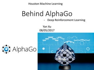 Behind AlphaGo
- Deep Reinforcement Learning
Houston Machine Learning
Yan Xu
08/05/2017
 