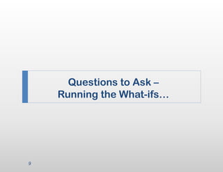 Questions to Ask –
    Running the What-ifs…




9
 