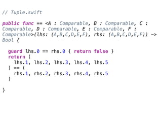 public func == <A : Comparable, B : Comparable, C :
Comparable, D : Comparable, E : Comparable, F :
Comparable>(lhs: (A,B,C,D,E,F), rhs: (A,B,C,D,E,F)) ->
Bool { 
guard lhs.0 == rhs.0 { return false }
return (
lhs.1, lhs.2, lhs.3, lhs.4, lhs.5
) == (
rhs.1, rhs.2, rhs.3, rhs.4, rhs.5
) 
 
}
// Tuple.swift
 