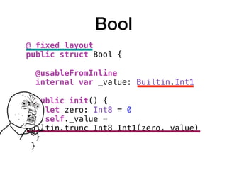 Bool
@_fixed_layout
public struct Bool {
@usableFromInline
internal var _value: Builtin.Int1
public init() {
let zero: Int8 = 0
self._value =
Builtin.trunc_Int8_Int1(zero._value)
}
}
 