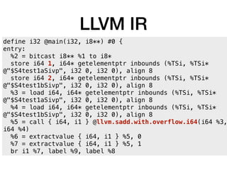 LLVM IR
define i32 @main(i32, i8**) #0 {
entry:
%2 = bitcast i8** %1 to i8*
store i64 1, i64* getelementptr inbounds (%TSi, %TSi*
@"$S4test1aSivp", i32 0, i32 0), align 8
store i64 2, i64* getelementptr inbounds (%TSi, %TSi*
@"$S4test1bSivp", i32 0, i32 0), align 8
%3 = load i64, i64* getelementptr inbounds (%TSi, %TSi*
@"$S4test1aSivp", i32 0, i32 0), align 8
%4 = load i64, i64* getelementptr inbounds (%TSi, %TSi*
@"$S4test1bSivp", i32 0, i32 0), align 8
%5 = call { i64, i1 } @llvm.sadd.with.overflow.i64(i64 %3,
i64 %4)
%6 = extractvalue { i64, i1 } %5, 0
%7 = extractvalue { i64, i1 } %5, 1
br i1 %7, label %9, label %8
 