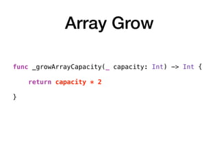 Array Grow
func _growArrayCapacity(_ capacity: Int) -> Int {
return capacity * 2
}
 