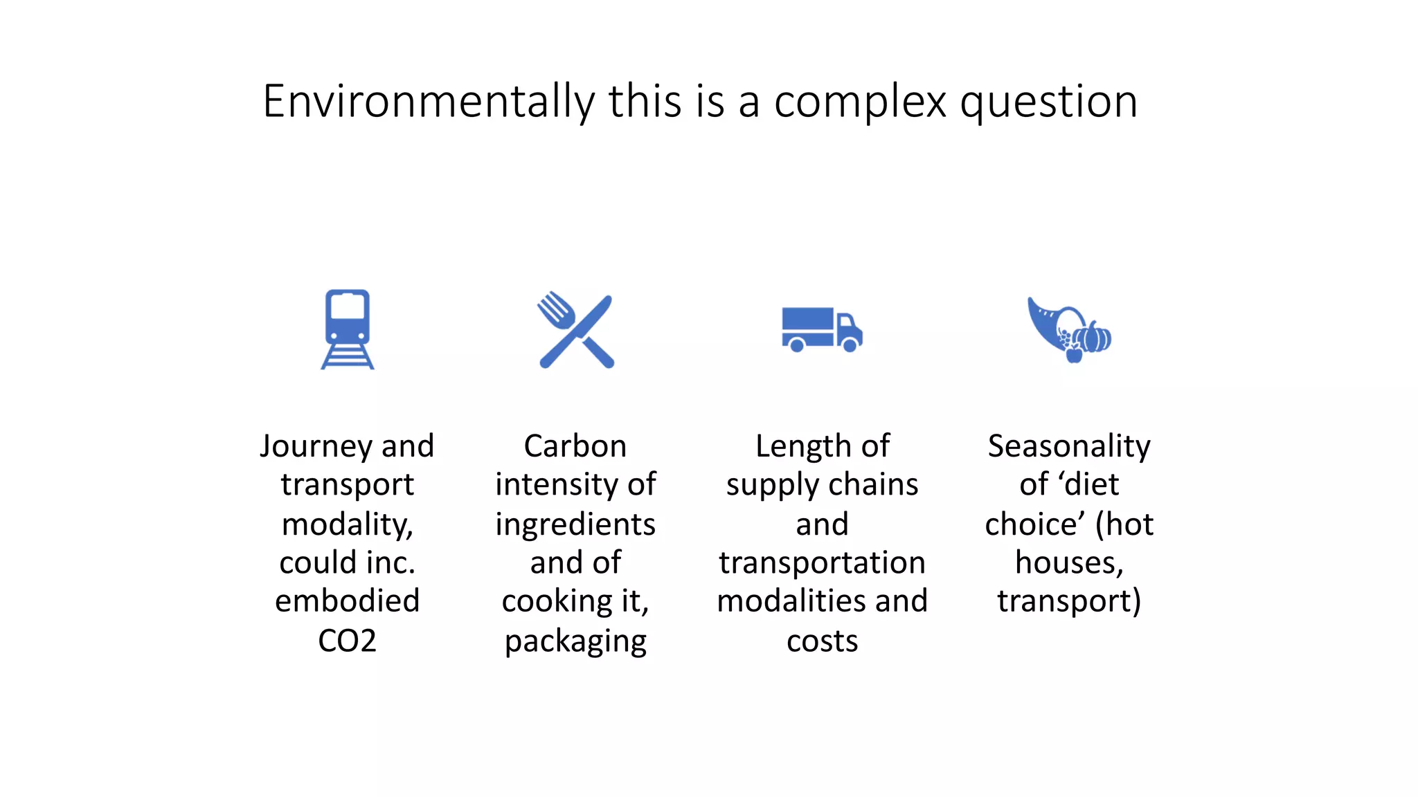 Environmentally this is a complex question
Journey and
transport
modality,
could inc.
embodied
CO2
Carbon
intensity of
ingredients
and of
cooking it,
packaging
Length of
supply chains
and
transportation
modalities and
costs
Seasonality
of ‘diet
choice’ (hot
houses,
transport)
 