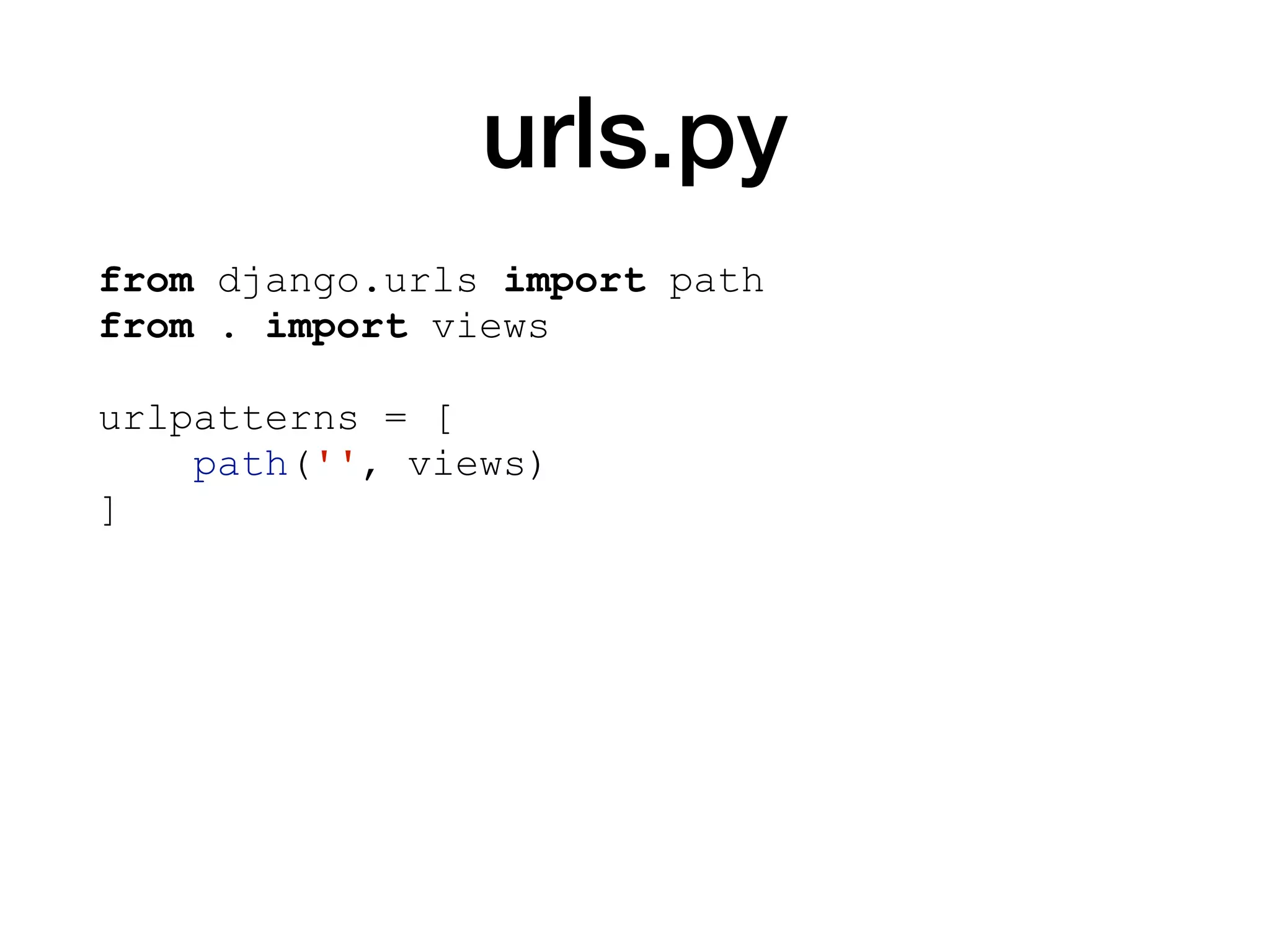 urls.py
from django.urls import path
from . import views
urlpatterns = [
path('', views)
]
 