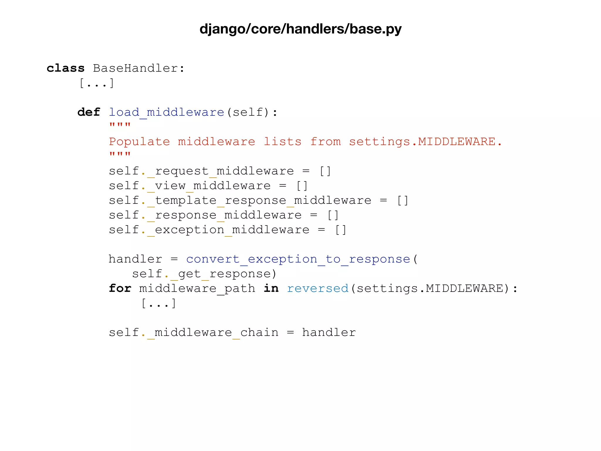 class BaseHandler:
[...]
def load_middleware(self):
"""
Populate middleware lists from settings.MIDDLEWARE.
"""
self._request_middleware = []
self._view_middleware = []
self._template_response_middleware = []
self._response_middleware = []
self._exception_middleware = []
handler = convert_exception_to_response(
self._get_response)
for middleware_path in reversed(settings.MIDDLEWARE):
[...]
self._middleware_chain = handler
django/core/handlers/base.py
 