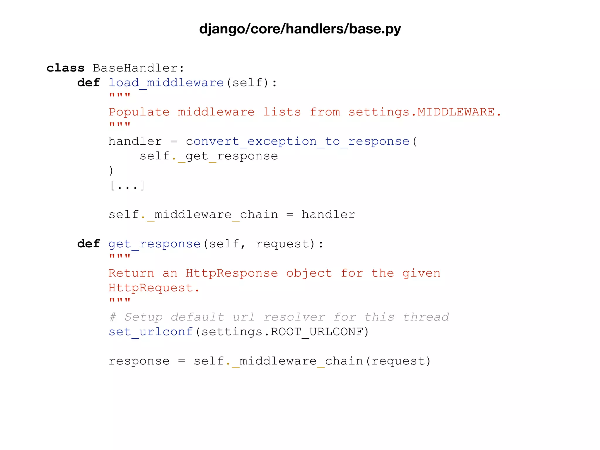class BaseHandler:
def load_middleware(self):
"""
Populate middleware lists from settings.MIDDLEWARE.
"""
handler = convert_exception_to_response(
self._get_response
)
[...]
self._middleware_chain = handler
def get_response(self, request):
"""
Return an HttpResponse object for the given
HttpRequest.
"""
# Setup default url resolver for this thread
set_urlconf(settings.ROOT_URLCONF)
response = self._middleware_chain(request)
django/core/handlers/base.py
 