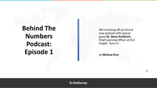We’re kicking off our brand
new podcast with special
guest Dr. Steve Knobloch,
Chief Learning Officer at K12
Insight. Tune in!
Behind The
Numbers
Podcast:
Episode 1 by Melissa Krut
 