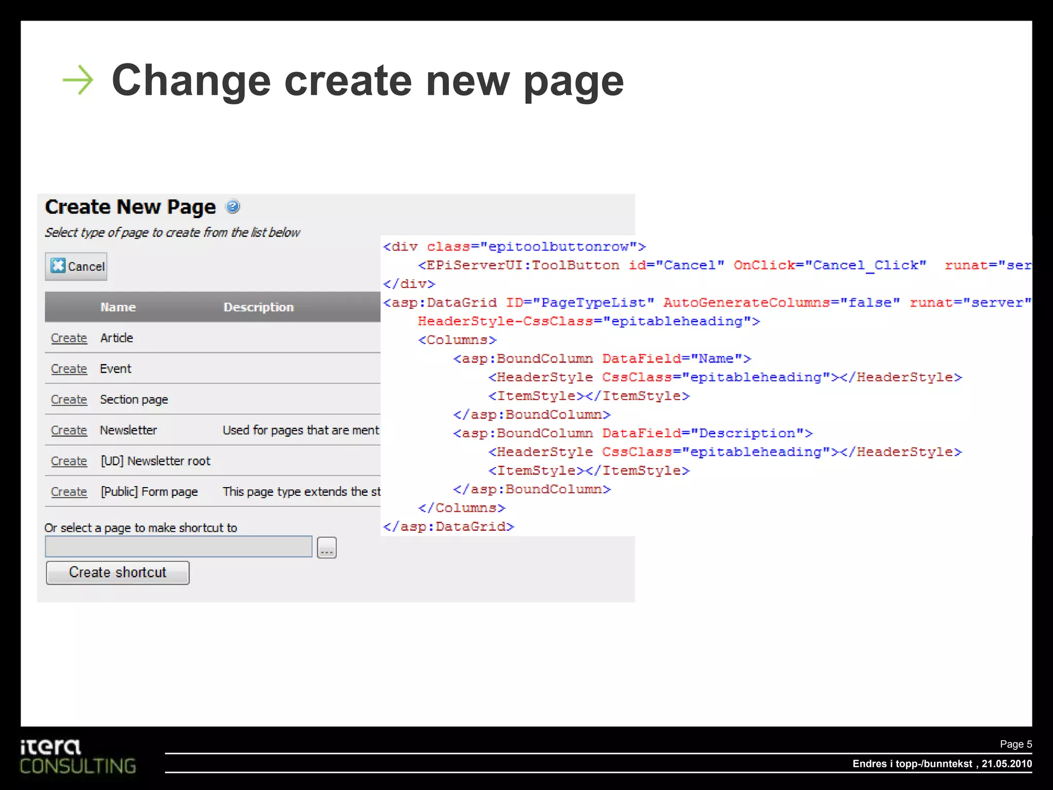 Endres i topp-/bunntekstPage 5 , 18.05.2010Change create new page