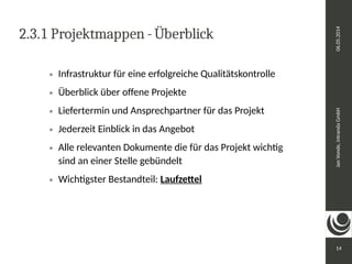 Jan Vonde, intranda GmbH 06.05.2014 
14 
2.3.1 Projektmappen - Überblick 
 Infrastruktur für eine erfolgreiche Qualitätskontrolle 
 Überblick über offene Projekte 
 Liefertermin und Ansprechpartner für das Projekt 
 Jederzeit Einblick in das Angebot 
 Alle relevanten Dokumente die für das Projekt wichtig 
sind an einer Stelle gebündelt 
 Wichtigster Bestandteil: Laufzettel 
 