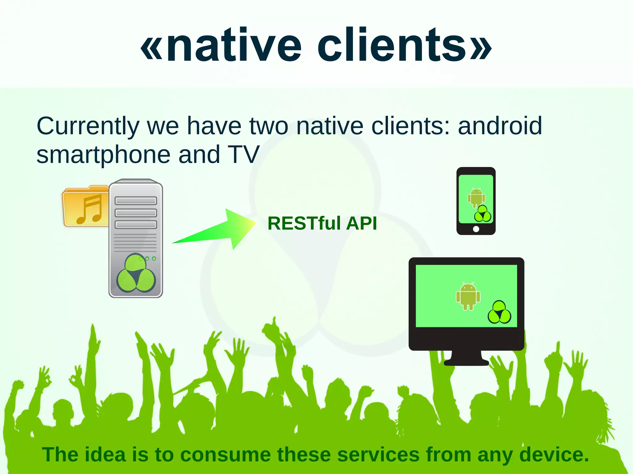 «native clients»
Currently we have two native clients: android
smartphone and TV
The idea is to consume these services from any device.
RESTful API♫
 