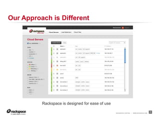 RACKSPACE® HOSTING | WWW.RACKSPACE.COM
Our Approach is Different
7
Rackspace is designed for ease of use
 