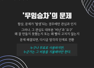 '무임승차'의 문제'무임승차'의 문제
항상,문제가'발생'되는경우에만관심과인지항상,문제가'발생'되는경우에만관심과인지
그러나,그관심도대부분'비난'과'요구'그러나,그관심도대부분'비난'과'요구'
왜잘만들지못했는지또는왜빨리고치지않는지왜잘만들지못했는지또는왜빨리고치지않는지
문제해결되면,다시금망각의단계로전환문제해결되면,다시금망각의단계로전환
누구나무료로사용하지만,누구나무료로사용하지만,
누군가는그비용을지불해야만한다.누군가는그비용을지불해야만한다.
 