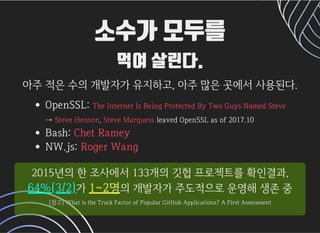 소수가 모두를소수가 모두를
먹여 살린다.먹여 살린다.
아주적은수의개발자가유지하고,아주많은곳에서사용된다.아주적은수의개발자가유지하고,아주많은곳에서사용된다.
OpenSSL: 
→ , leavedOpenSSLasof2017.10
Bash:
NW.js:
TheInternetIsBeingProtectedByTwoGuysNamedSteve
SteveHenson SteveMarquess
ChetRamey
RogerWang
2015년의한조사에서133개의깃헙프로젝트를확인결과,
64%(3/2)가1~2명의개발자가주도적으로운영해생존중
[참고][참고]WhatistheTruckFactorofPopularGitHubApplications?AFirstAssessmentWhatistheTruckFactorofPopularGitHubApplications?AFirstAssessment
 
