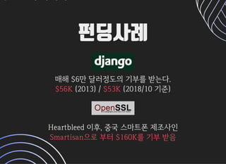 펀딩사례펀딩사례

매해$6만달러정도의기부를받는다.
(2013)/ (2018/10기준)$56K $53K

Heartbleed이후,중국스마트폰제조사인Heartbleed이후,중국스마트폰제조사인
Smartisan으로부터$160K를기부받음Smartisan으로부터$160K를기부받음
 