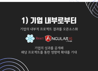 1) 기업 내부로부터1) 기업 내부로부터
기업의내부적프로젝트결과를오픈소스화기업의내부적프로젝트결과를오픈소스화
 ReactReact
기업의성과를공개해기업의성과를공개해
해당프로젝트를통한영향력확대를기대해당프로젝트를통한영향력확대를기대
 